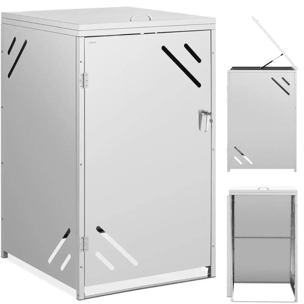 Beskyttelsesdeksel for avfallsbeholder 240 l i stål, skrå forside med ventilasjonshull og låsbart håndtak.