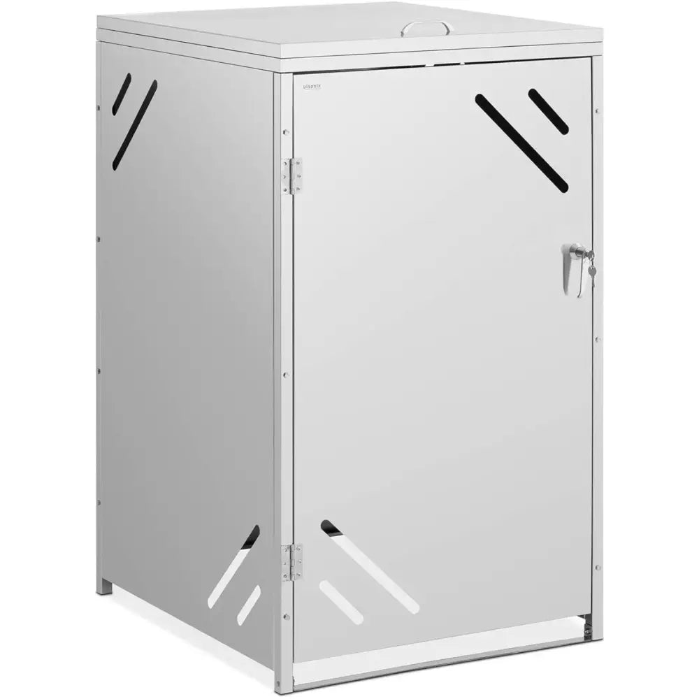 Beskyttelsesdeksel for avfallsbeholder i stål, skrå hull og låsbar dør sett fra siden med diagonal ventilasjon.