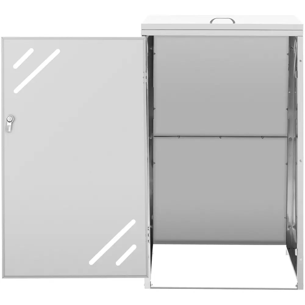 Beskyttelsesdeksel for avfallsbeholder, åpen dør med lås, ventilasjonsåpninger og topphåndtak i stål.