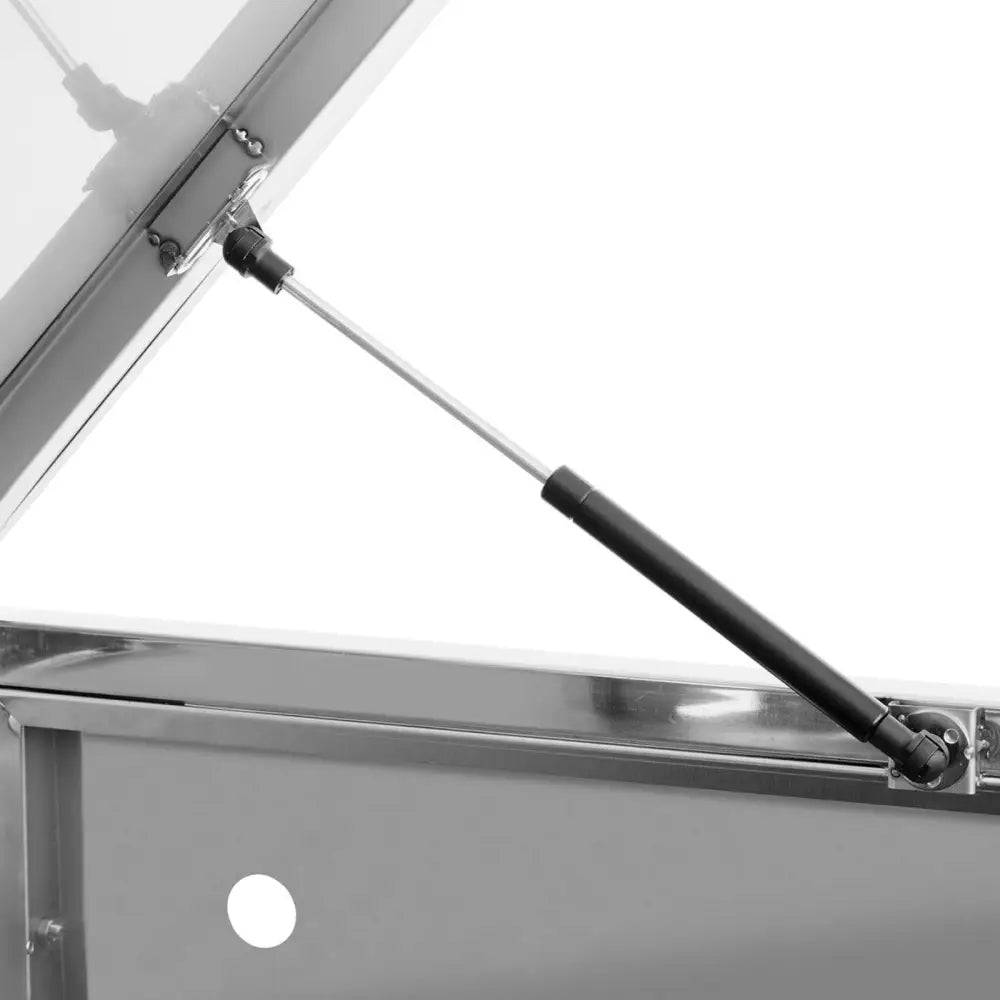 Beskyttelsesdeksel for søppelkurv, detalj av gassdemper og hengsler på stållokk vist fra siden.