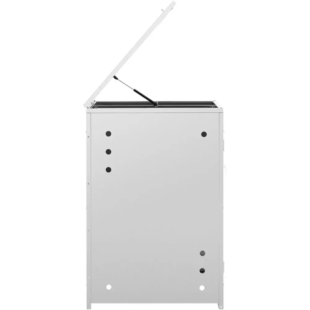 Beskyttelsesdeksel for søppelkurv i stål, sidevisning med åpent lokk og runde ventilasjonshull.