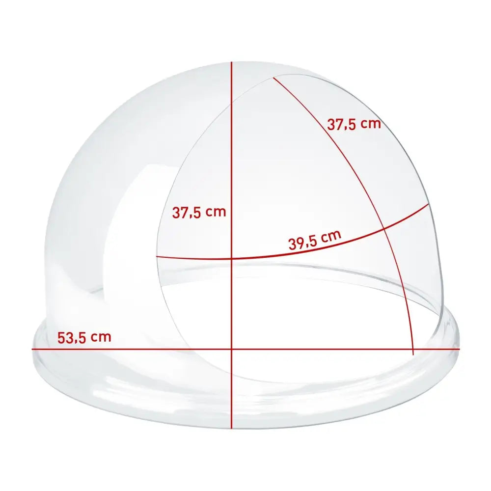 Beskyttelsesdeksel til sukkerspinnmaskin, gjennomsiktig plastkuppel med røde målemarkeringer, front/sidevisning.