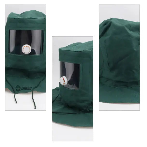 Beskyttelsesmaske for sandblåsing, mørkegrønn tekstilhette med visir og rund ventil, sett fra siden og bakfra.