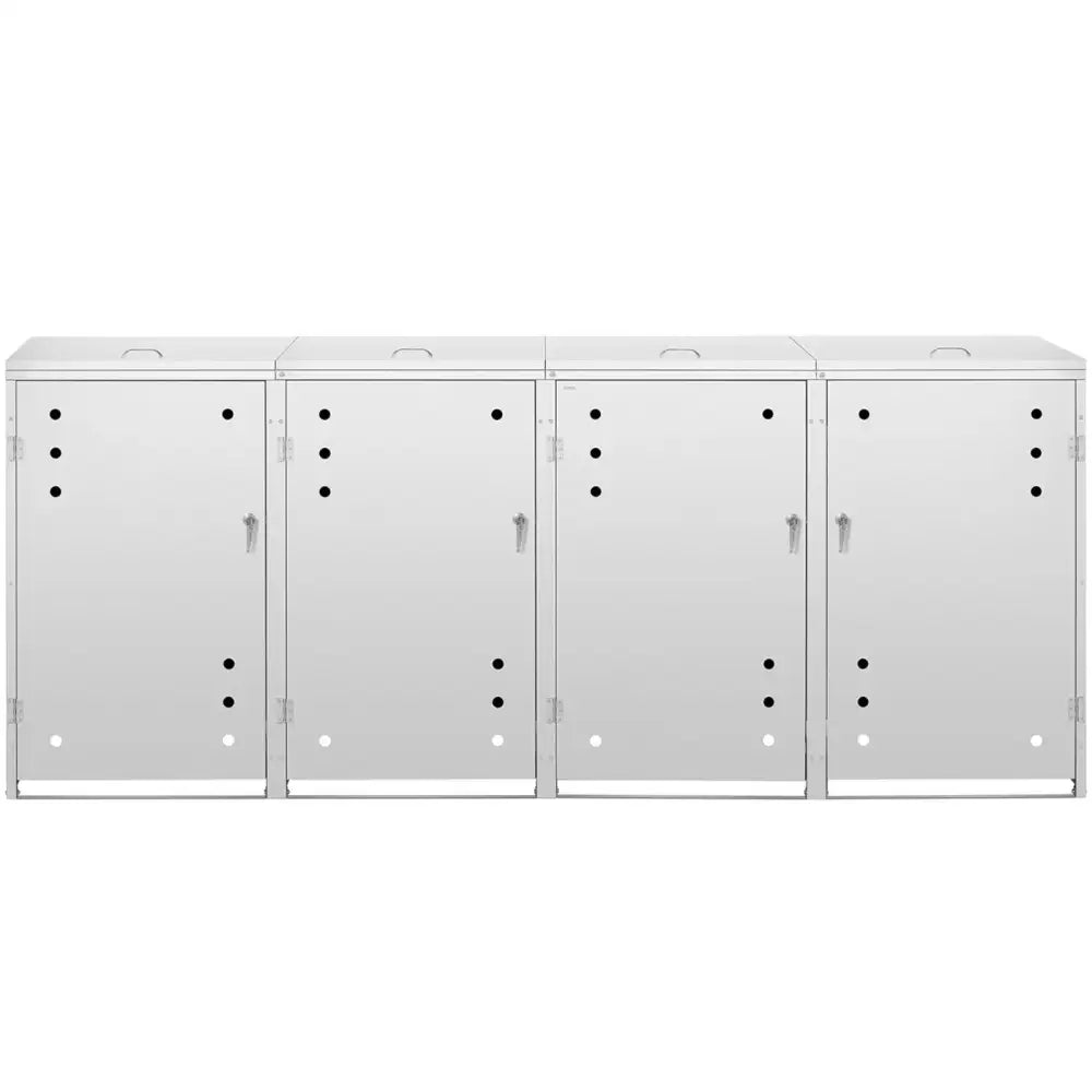 Beskyttelsestrekk for avfallsbeholderhus, frontvisning med fire metallskap, svarte hull og separate håndtak.