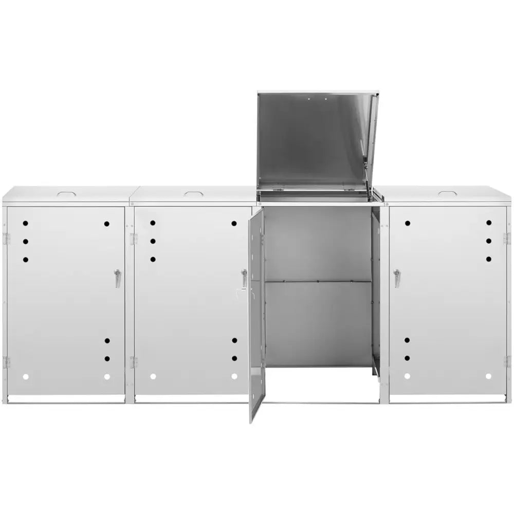 Beskyttelsestrekk for avfallsbeholderhus, ett skap vist åpent med vippet lokk og synlige ventilasjonshull.