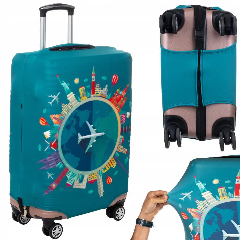Beskyttelsestrekk til reisekoffert XL, turkis elastisk trekk med verdensmotiv og synlige landemerker.