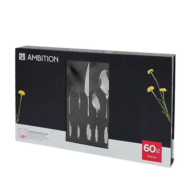 Bestikksett Ambition Sienna i sort eske med gule blomster og vindu som viser deler av det 60-delte settet.
