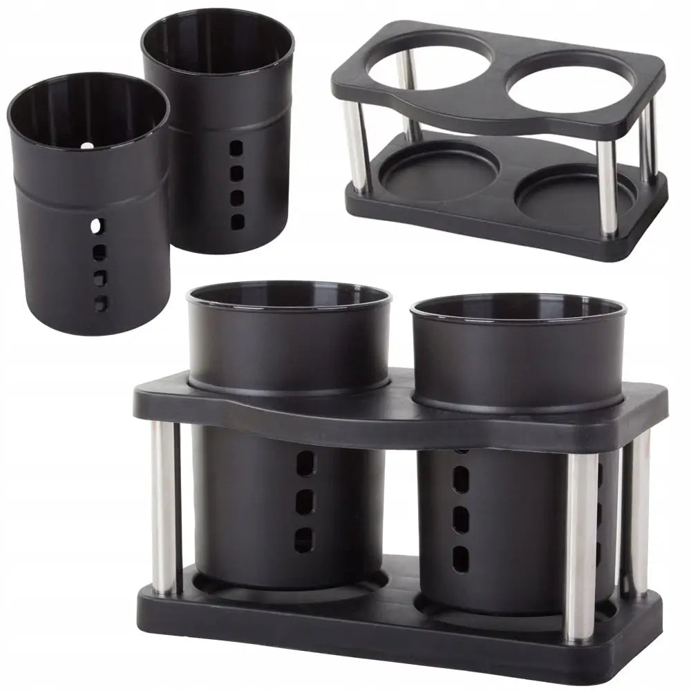 Bestikk og redskaps avtørker i svart plast og metall, med to kopper og sølvfargede søyler, demontert og montert.