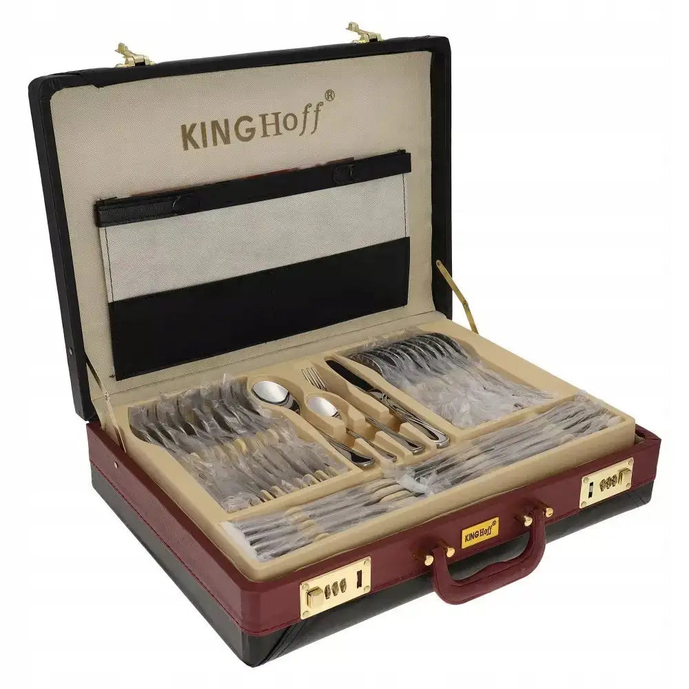 Bestikk Stort Sett i koffert, sølvfarget bestikk pent arrangert i åpen koffert med beige og brune detaljer.