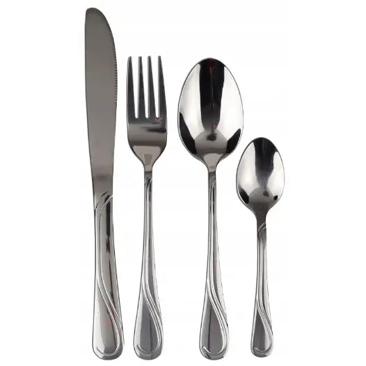 Fire deler blankt bestikk i rustfritt stål, sett forfra med bølgete mønster på håndtakene.