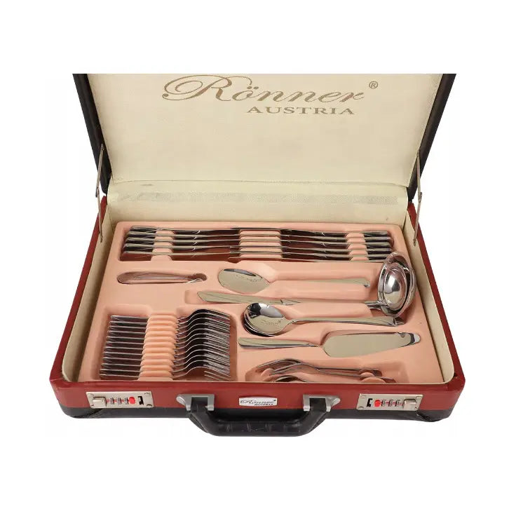 Bestikk stort sett i rustfritt stål, oversiktsbilde av 72 deler i åpen koffert med synlige låsespenner.