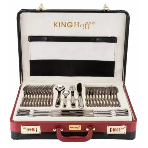 Bestikksett i sølvfarget metall, elegant arrangert i åpen koffert med oversikt over ulike bestikktyper.