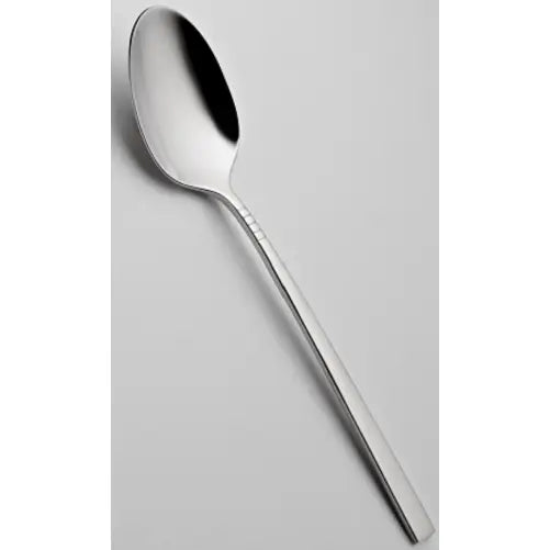 Blank spiseskje i rustfritt stål fra Apollo, sett ovenfra med rette linjer på skaftet nær skjehodet.