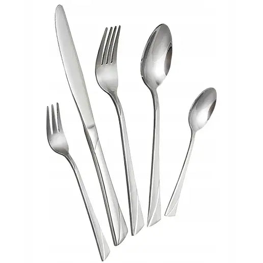 Bestikksett i blankt rustfritt stål, kniv, gaffel, skje, dessertgaffel og teskje, sett forfra.