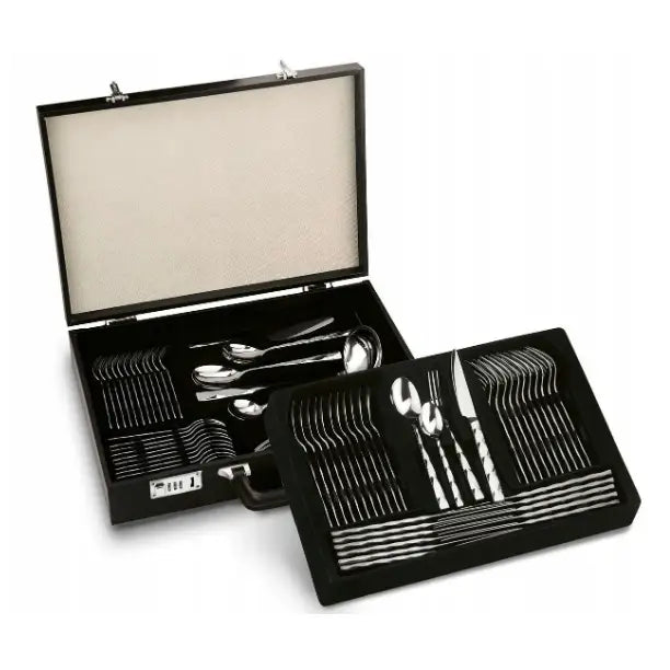 Bestikksett i rustfritt stål, elegant arrangert i svart koffert med tofargede innsatser og serveringsdeler.