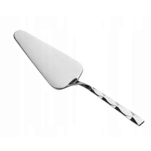 Kakespade i sølvfarget metall med diamantmønstret håndtak, sett fra skrå vinkel for elegant detalj.