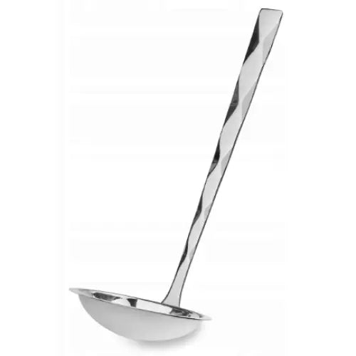 Suppeskje i blankt metall med langt, vridd skaft og rund skål, avbildet fra siden mot hvit bakgrunn.