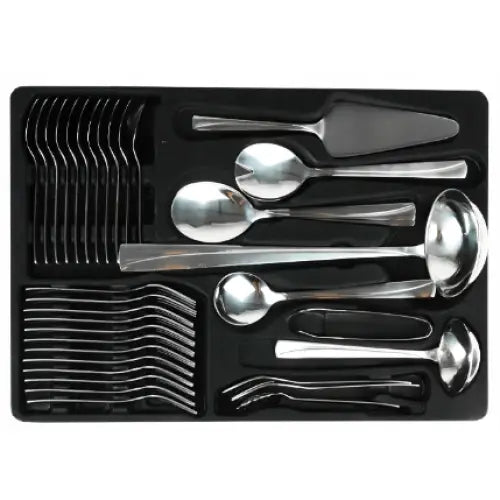 Bestikksett Monica, 72 deler i rustfritt stål, sortert i plastskuff med kakespade og serveringsdeler.