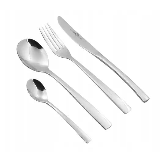 Bestikksett Future, fire deler i blankt rustfritt stål med moderne design, sett ovenfra på lys bakgrunn.