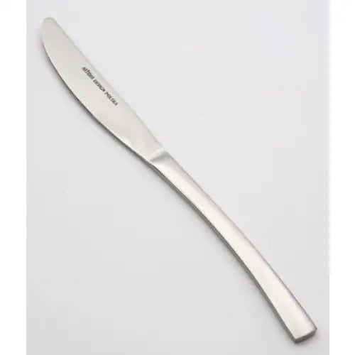 Bestikksett Future bordkniv i blankt rustfritt stål, sett ovenfra med gravert tekst og ergonomisk håndtak.