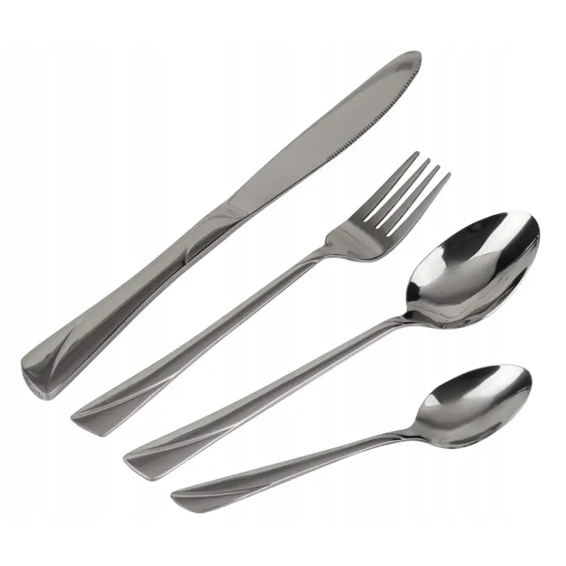 Bestikksett i rustfritt stål, sett ovenfra med kniv, gaffel, spiseskje og teskje i elegant, blank utførelse.