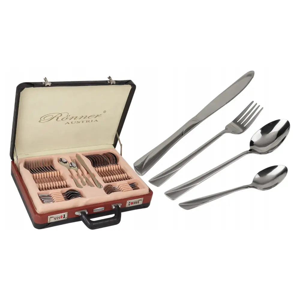Bestikksett for 12 personer i blankt stål, elegant presentert i åpen koffert med fire ulike deler synlig.