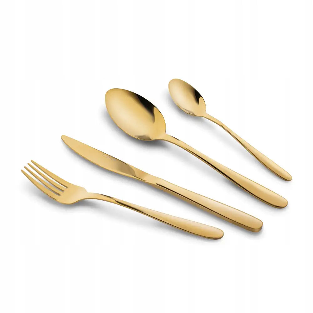 Bestikksett Leros Tadar i gull, fire deler med blank finish sett skrått ovenfra; kniv, gaffel, spiseskje, teskje.