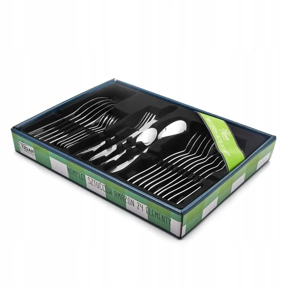 Bestikksett for 6 personer i rustfritt stål, elegant oppstilt i grønn og hvit gaveeske, sett skrått ovenfra.