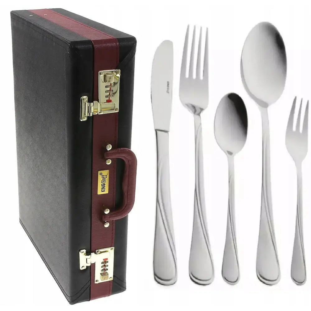 Bestikksett i koffert, sidevisning med rødt håndtak, gullåser og fem skinnende bestikkdeler i rustfritt stål.