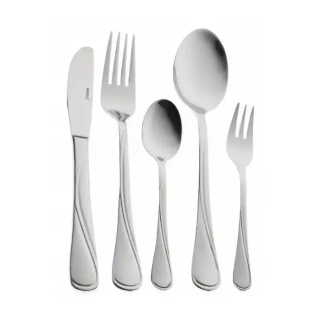 Fem deler glanset bestikk fra Kinghoff, frontvisning med bølgede skaftdetaljer mot hvit bakgrunn.