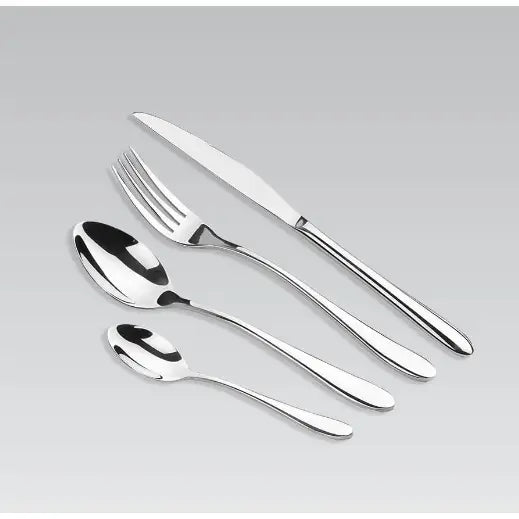 Bestikksett i rustfritt stål, fire deler sett ovenfra med kniv, gaffel, spiseskje og teskje på lys grå bakgrunn.