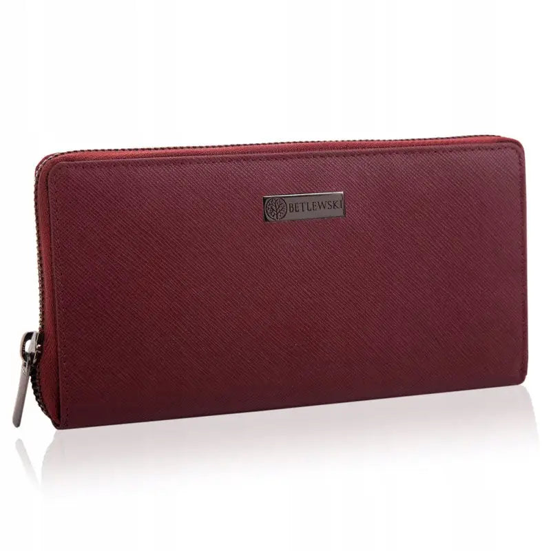 Betlewski Stor Lærpengepung Xxl med Glidelås for Kvinner - Rød