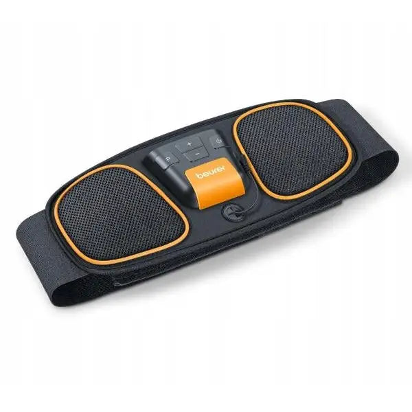 Muskelstimulator Beurer EM 32, svart og oransje belte med netting og kontrollknapper vist fra skrå vinkel.