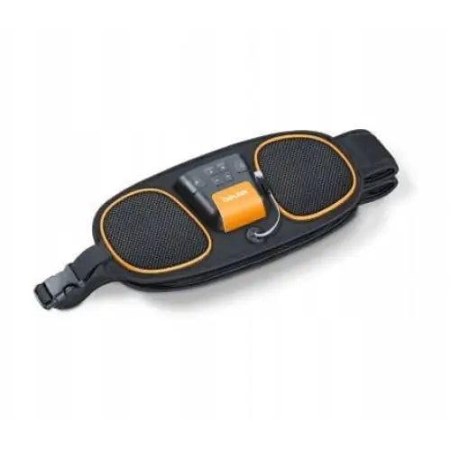 Muskelstimulator Beurer EM 39, svart belte med oransje detaljer og sentrert kontrollpanel, sett skrått ovenfra.