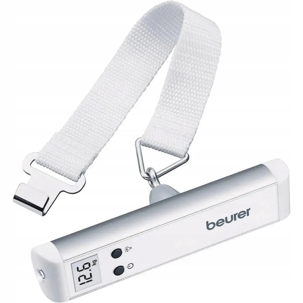 Beurer LS10 bagasjevekt i sølv og hvitt, skråvisning med LCD-skjerm, sorte knapper og hvit stropp med krok.