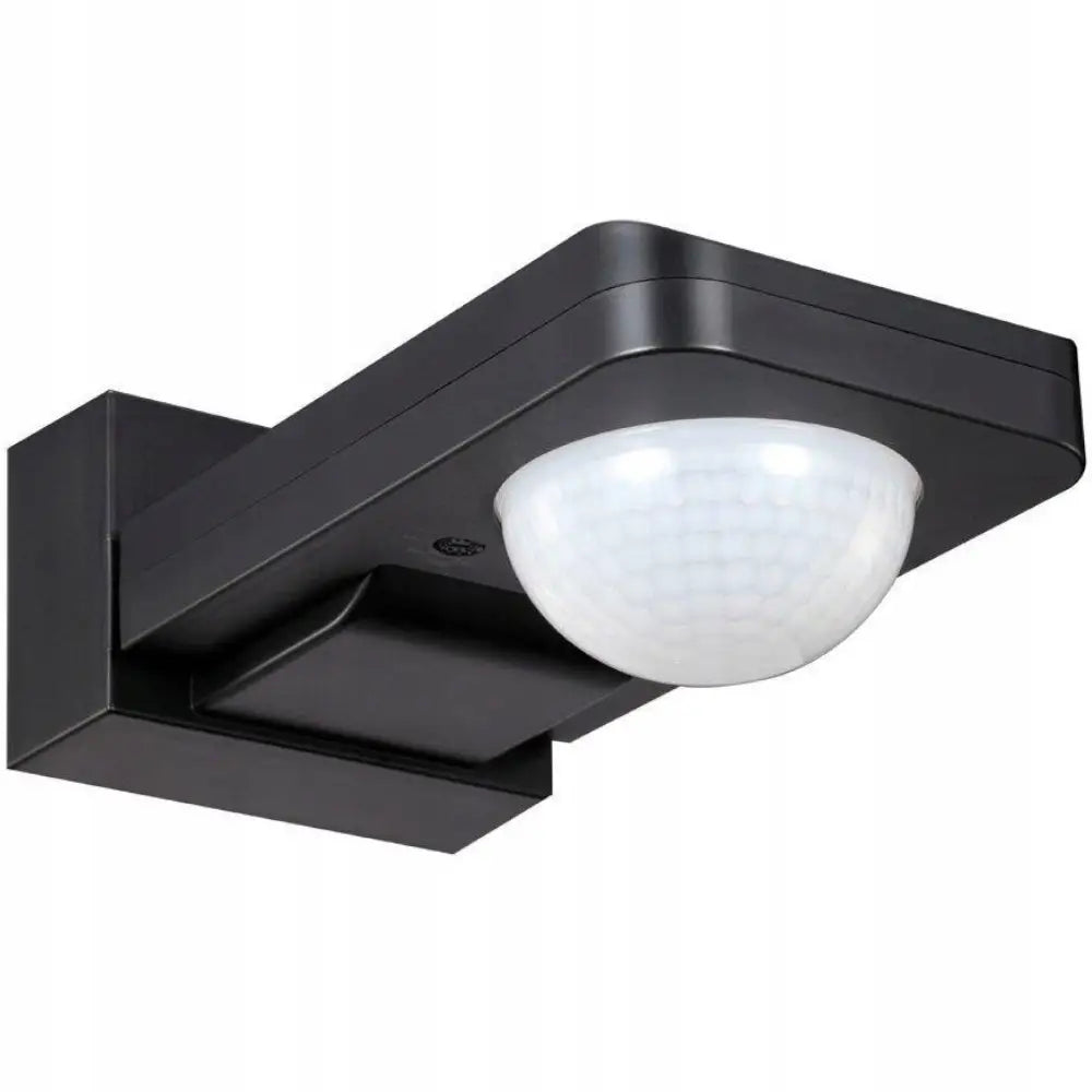 Bevegelses- og nærværssensor utendørs LED, sort veggmontert lampe med hvit kuppel vist fra skrå vinkel.
