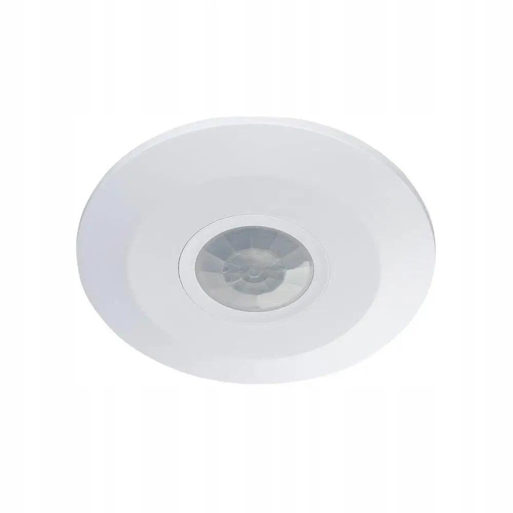 Bevegelsessensor 360 grader, hvit takmodell med sentral sekskantet sensor, minimalistisk plastdesign sett nedenfra.