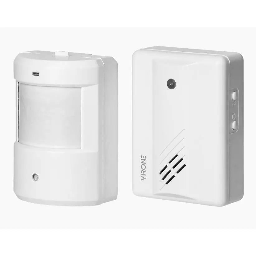 Bevegelsessensor Virone AS-5 med trådløs mottaker, vist fra skrå vinkel med sensor og knapper synlige.