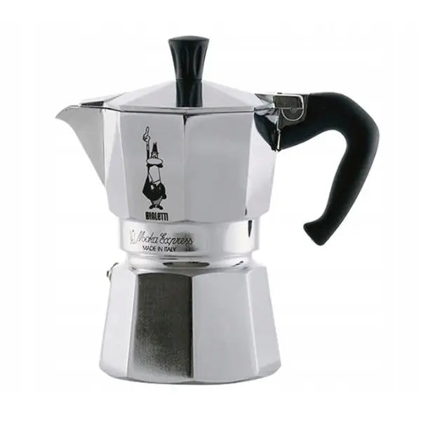 Bialetti Moka Express kaffebrygger i sølv, sidevisning med sort håndtak, synlig logo og gravering.