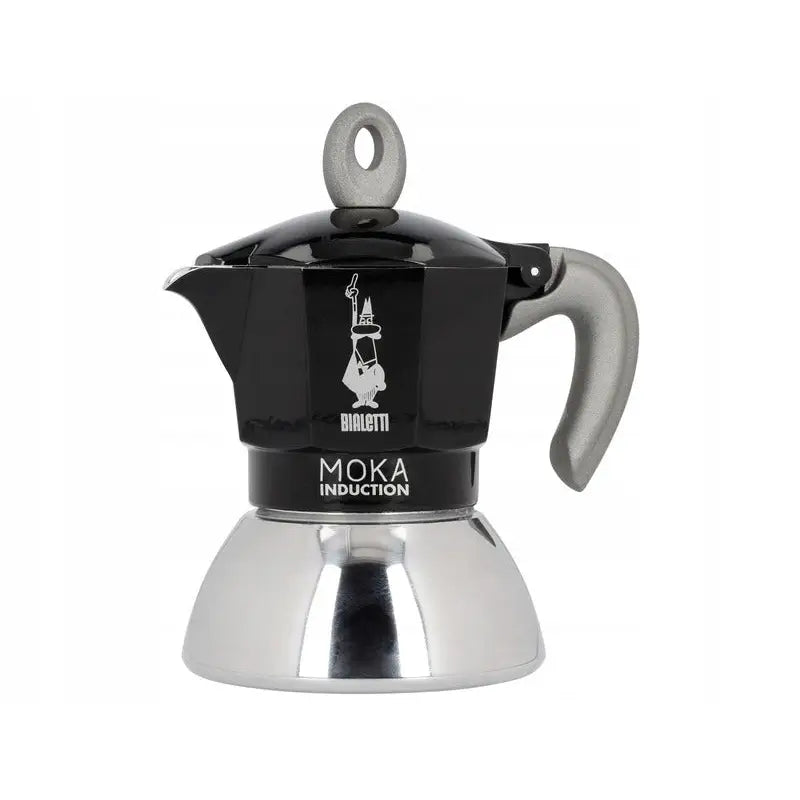 Bialetti New Moka Induction kaffebrygger, sort og sølv, frontvisning med synlig logo og grå detaljer.