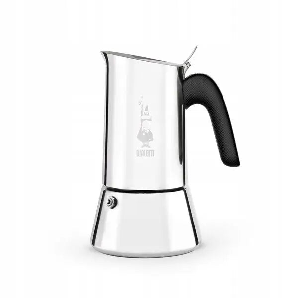 Bialetti Venus espressokoker, sidevisning med blankt metall, sort håndtak og sekskantet bunn.