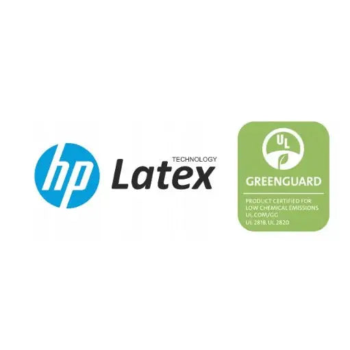 HP Latex Technology og UL GREENGUARD miljøsertifiseringslogoer, side om side på hvit bakgrunn.