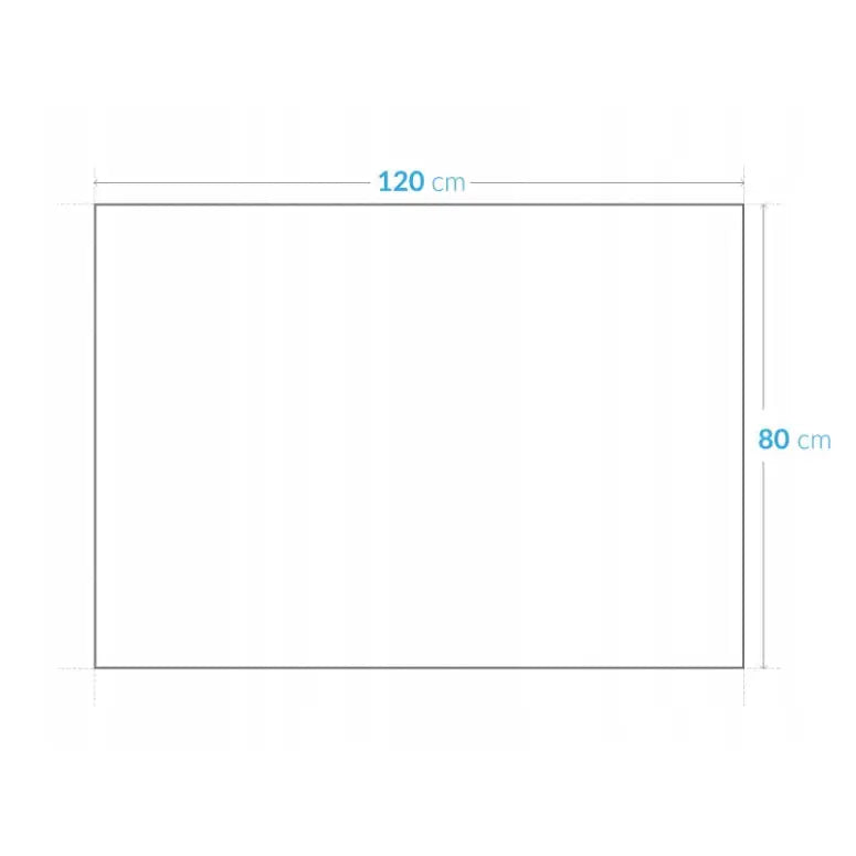 Rektangulær hvit flate sett forfra, målt til 120x80 cm med blå tekst som viser dimensjonene.