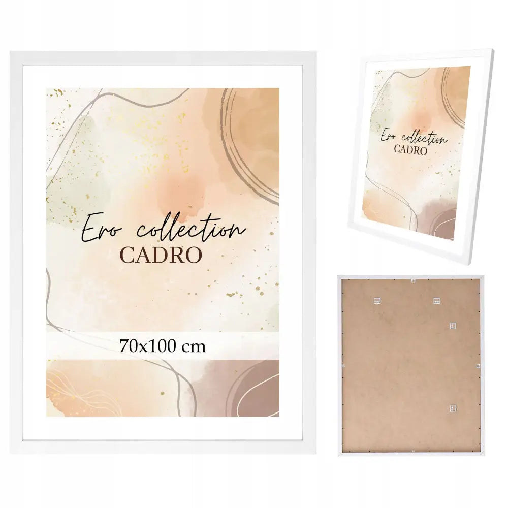 Hvit bilderamme 70x100 cm med abstrakt plakat i beige og bruntoner, vist fra flere vinkler.