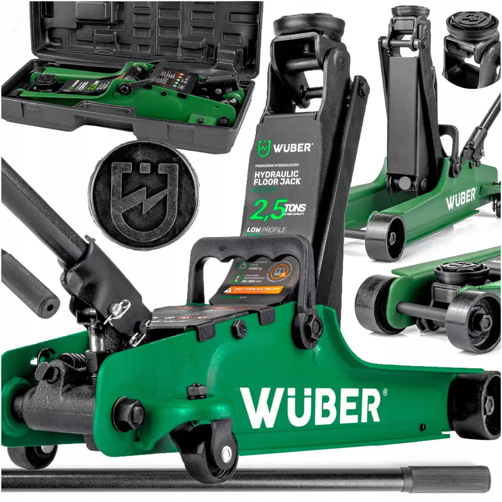 Biljekk Lavprofil 2,5t i svart koffert, fokus på kompakt oppbevaring og detaljer som hjul og løftearm.