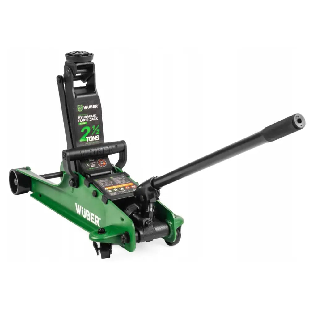 Biljekk Lavprofil 2,5t, grønn og svart hydraulisk garasjejekk med langt håndtak og kapasitetsmarkeringer.