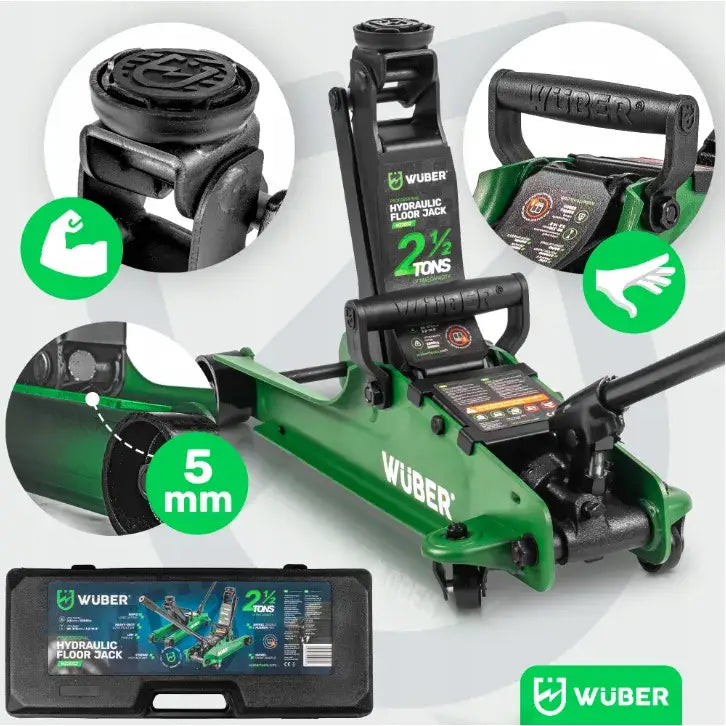 Biljekk lavprofil 2,5t, skrå frontvisning med fokus på løftepute, bærehåndtak og stålets tykkelse.