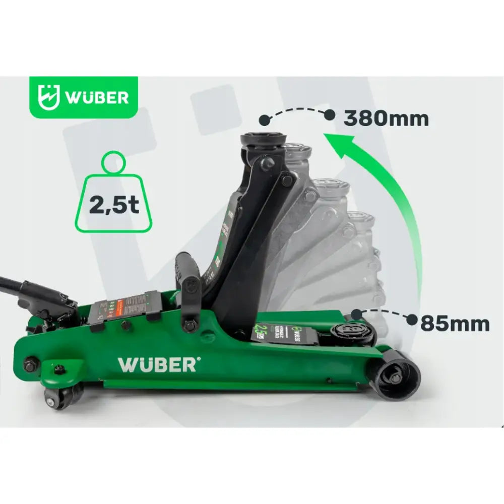 Biljekk Lavprofil, grønn hydraulisk jekk sett fra siden med markert løftehøyde 85–380 mm og 2,5 tonn kapasitet.