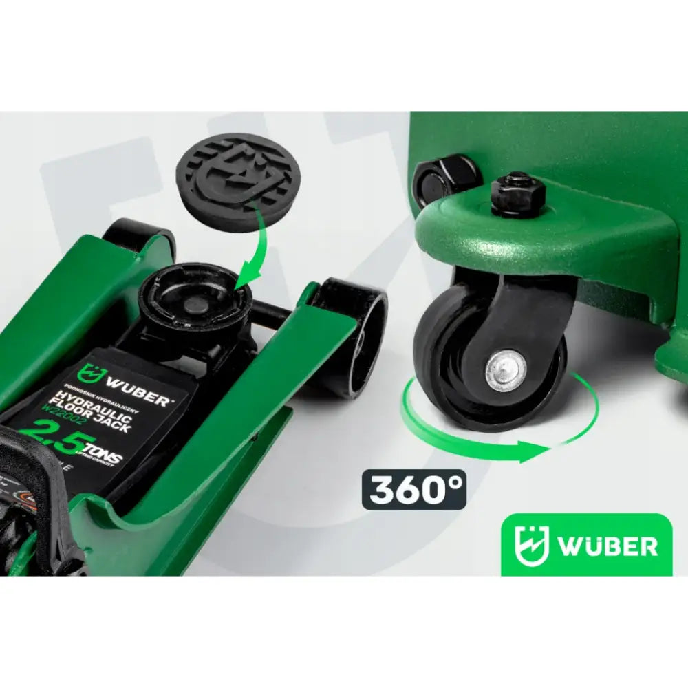 Biljekk Lavprofil 2,5t, nærbilde av hydraulisk jekk med avtagbar gummipute og dreibar hjul i fokus.