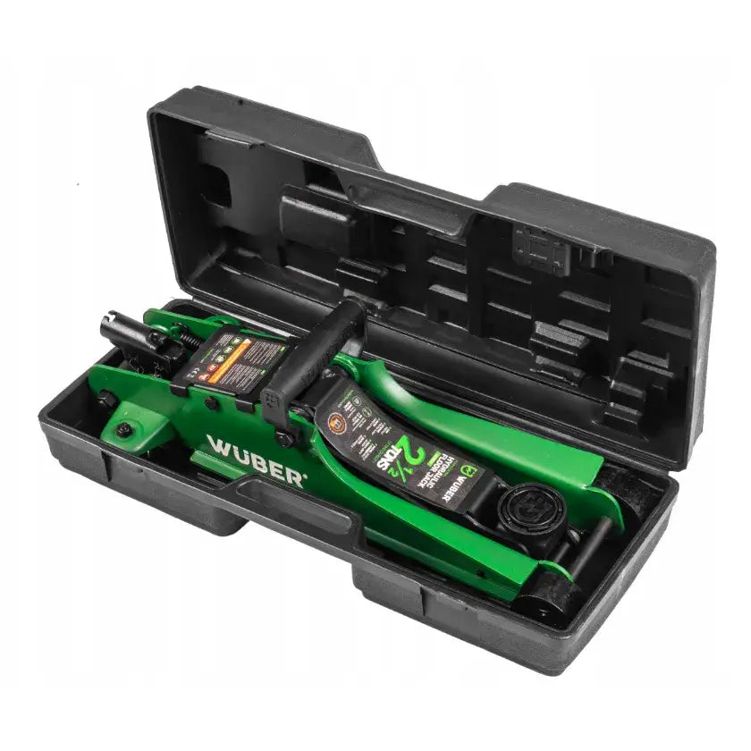 Biljekk lavprofil 2,5t, grønn metalljekk skrått ovenfra i åpen svart plastkoffert med synlig tekst og detaljer.